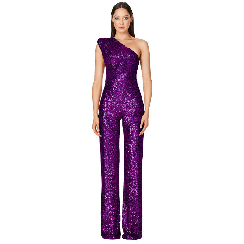 Women's Fashion Sleeveless One Shoulder Backless Sequined Jumpsuits