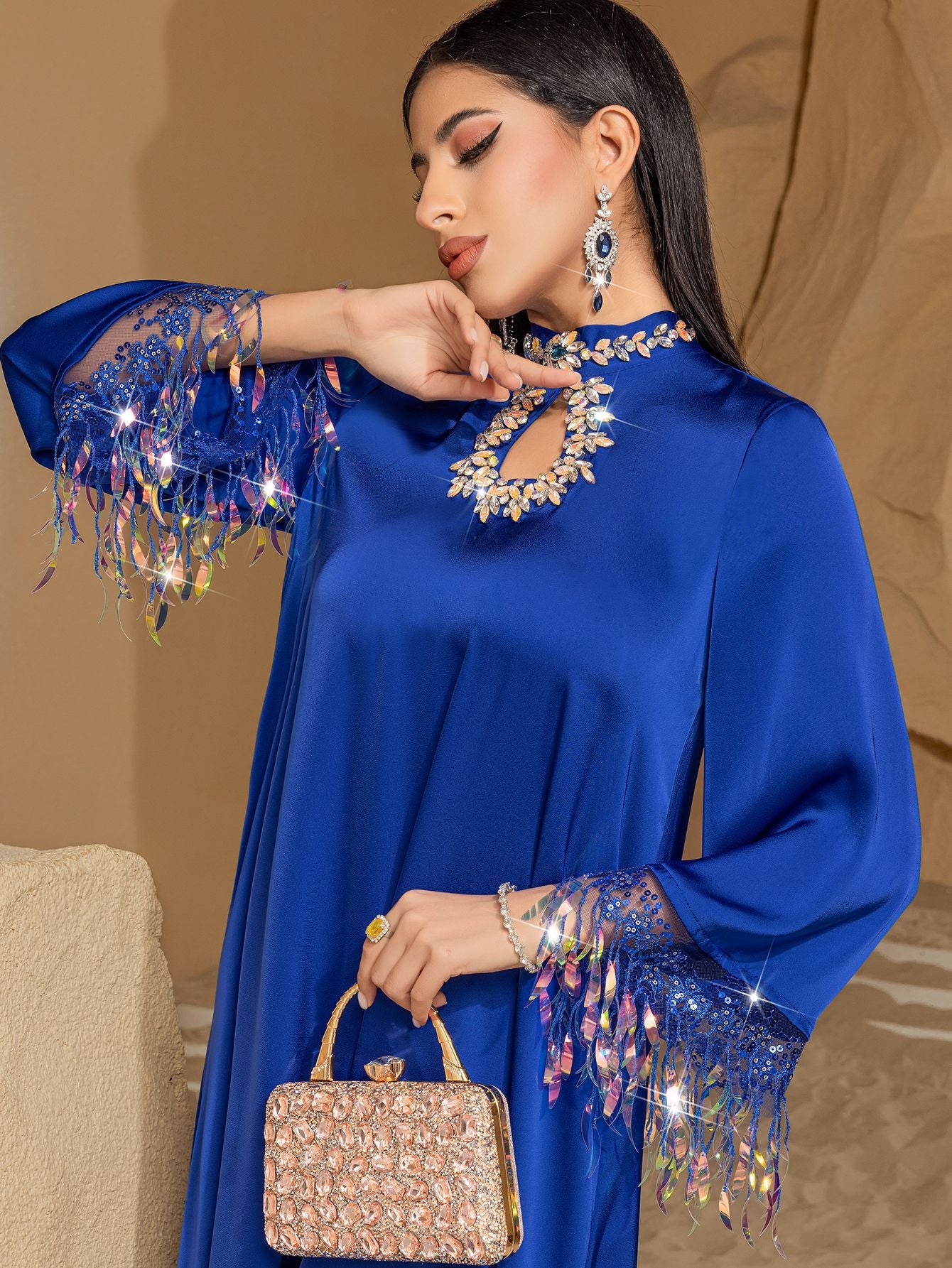 Blue Fantasy Laser Gradient Tassel Long Dresses