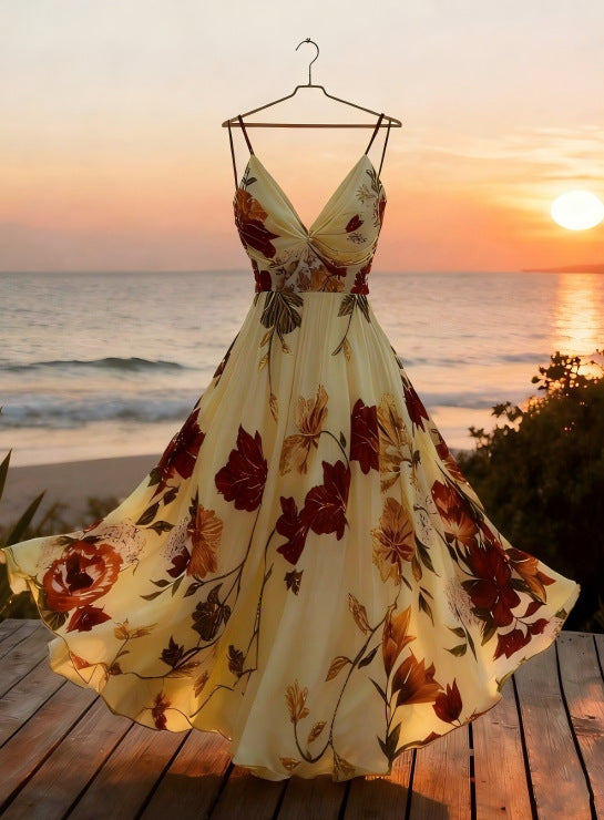 Durable Vacation Style Strap Printed Long Dress