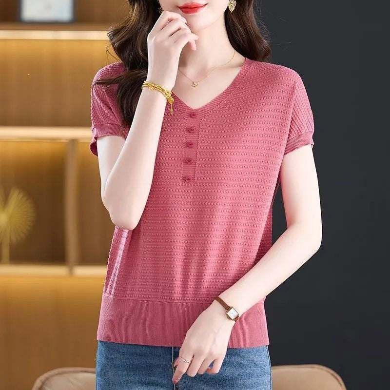 Women's Silk Sleeve Summer Solid Color Knitted T-shirt Thin Women's Sweater