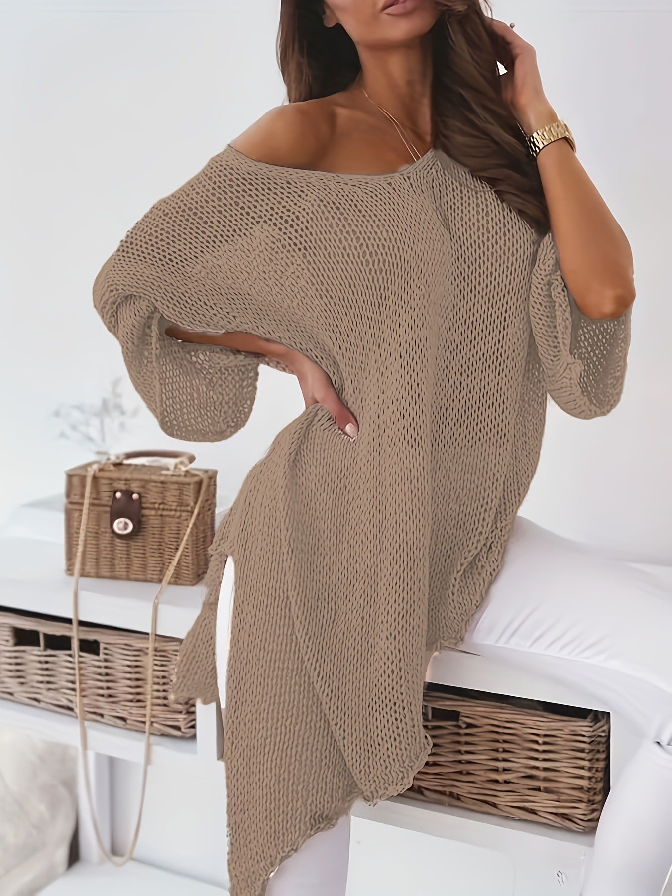 Women's Large Clothes Sexy Loose Pullover Mid-length Sweater