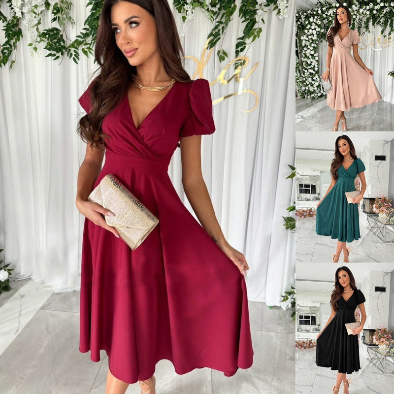 Commuter Solid Color Puff Sleeve Large Dress