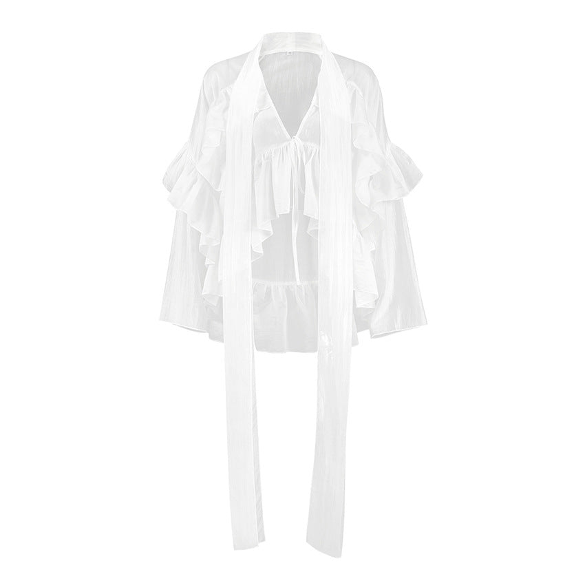 Women's French Ruffled Ribbon Shirt Fashion Wear Tops