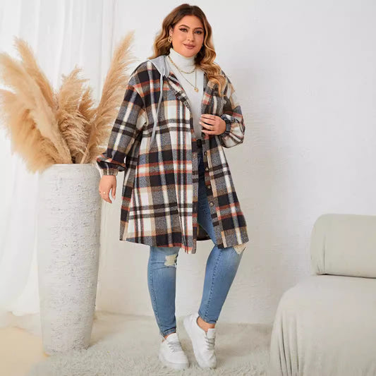 Women's Versatile Slouchy Plaid Hooded Mid-length Coats