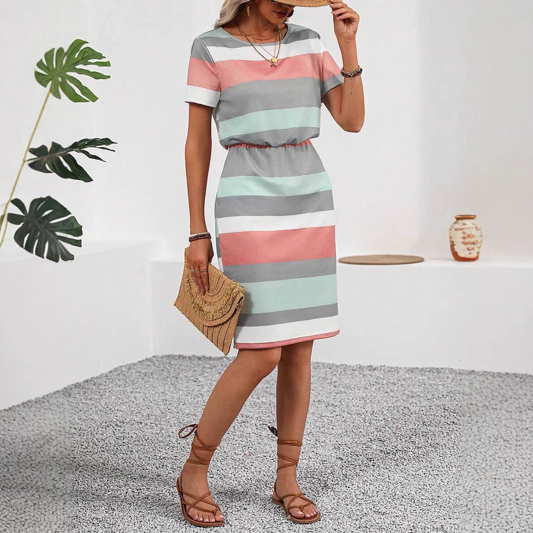 Striped Printed Round Neck Sleeve Dress Shorts