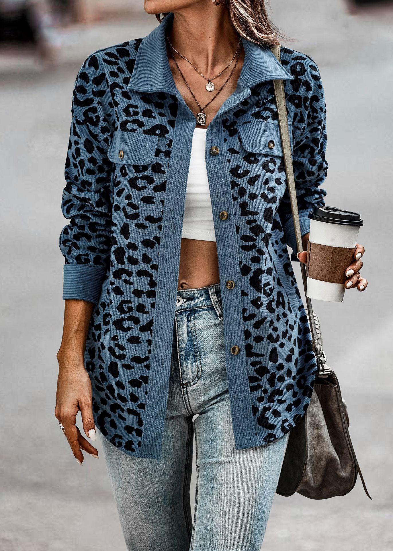 Women's Fashion Leopard Print Button Long Sleeve Coats
