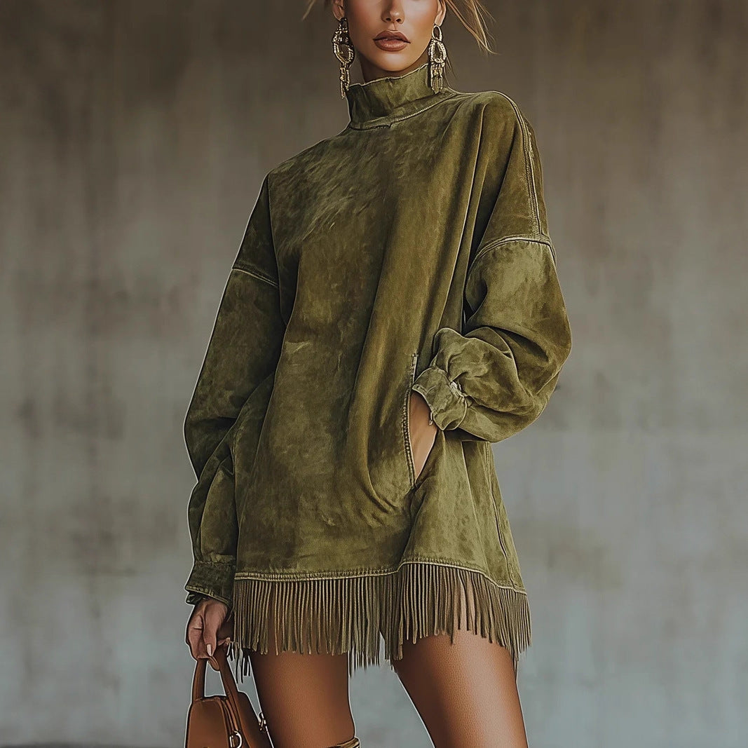 Turtleneck Suede Vintage Loose Pockets Tassel Long Dress