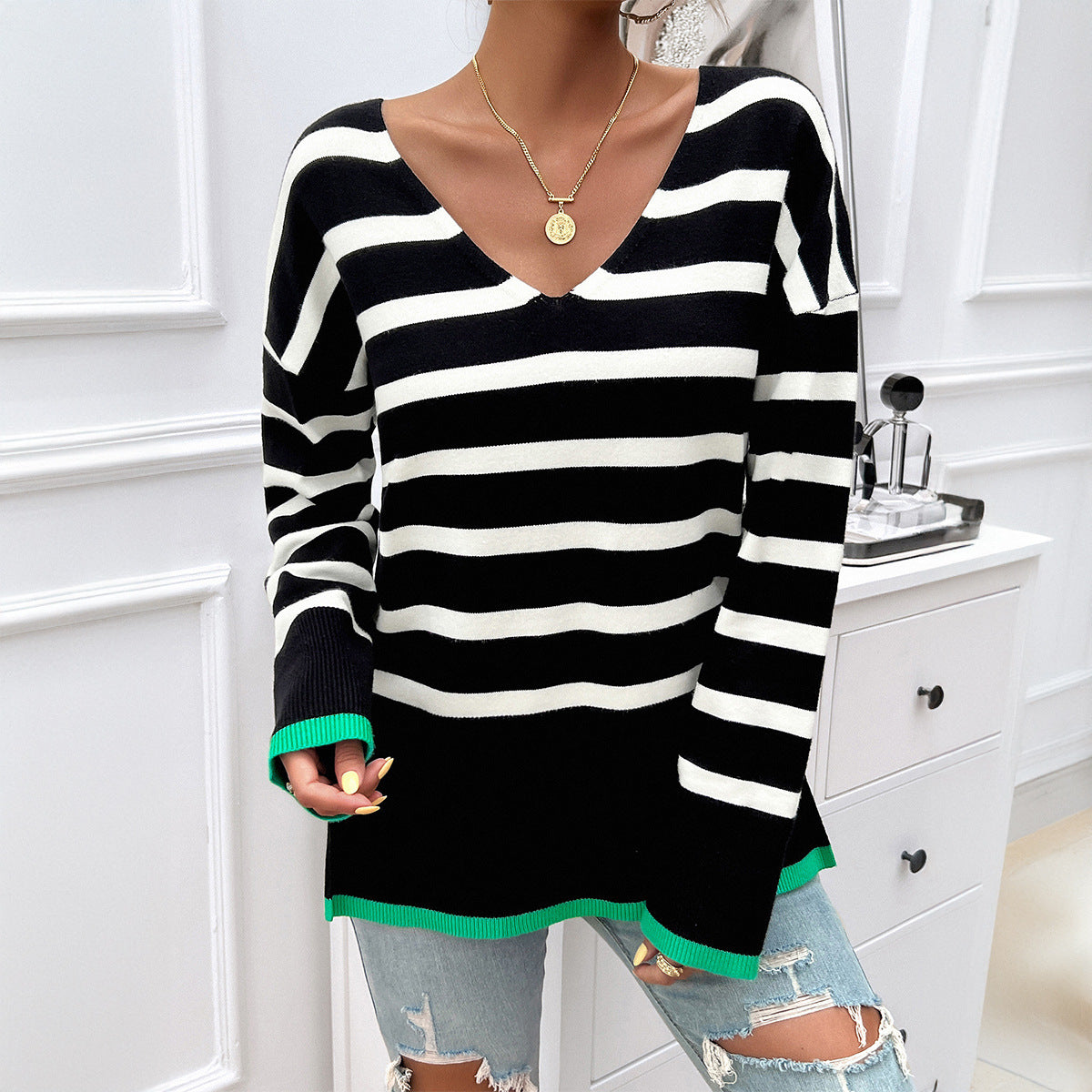 Women's Casual Vacation Style Contrast Color Striped Long Sweater