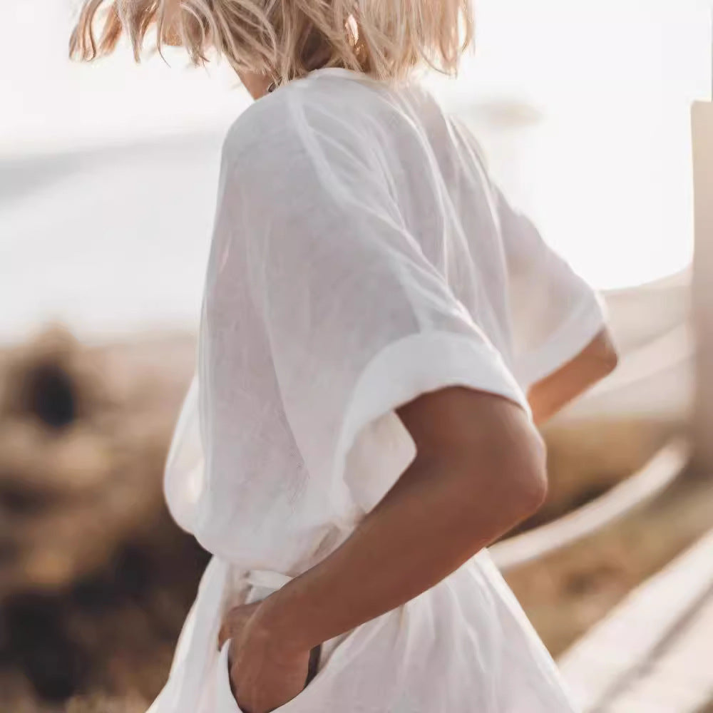 Sleeve Solid Color Loose Pockets Belt Shorts