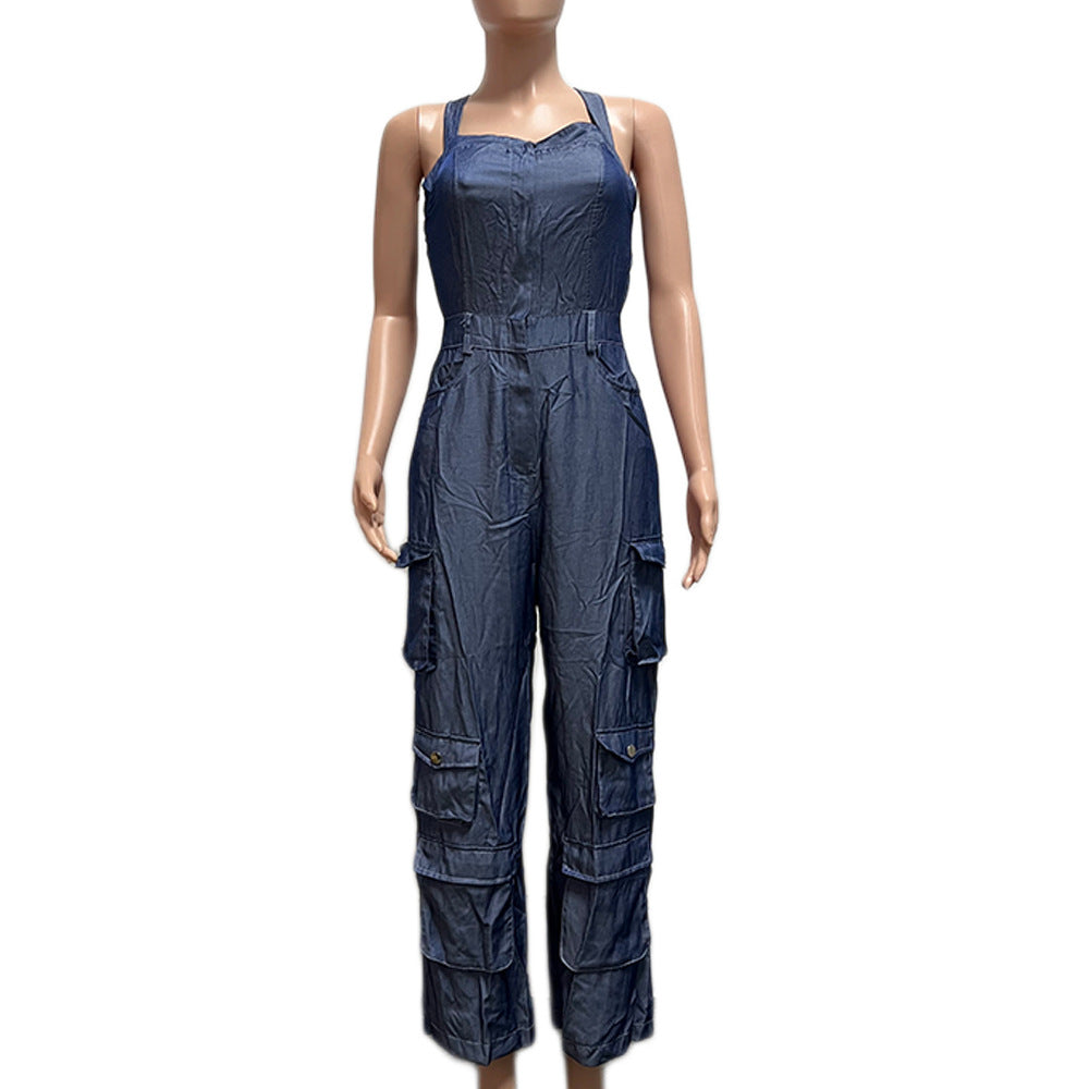 Creative Imitation Denim Oversized Bellows Pocket Jumpsuits