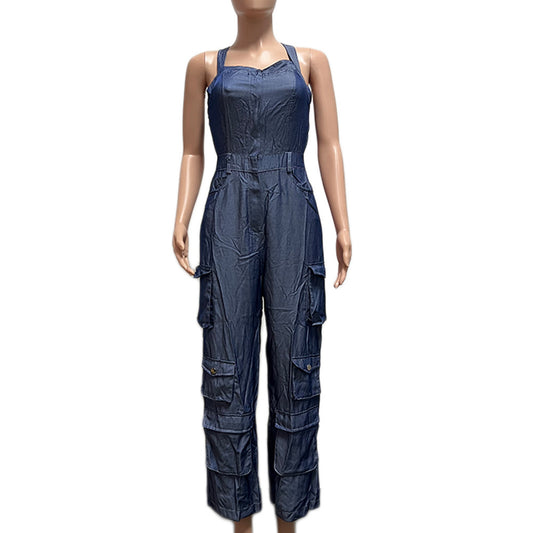 Creative Imitation Denim Oversized Bellows Pocket Jumpsuits