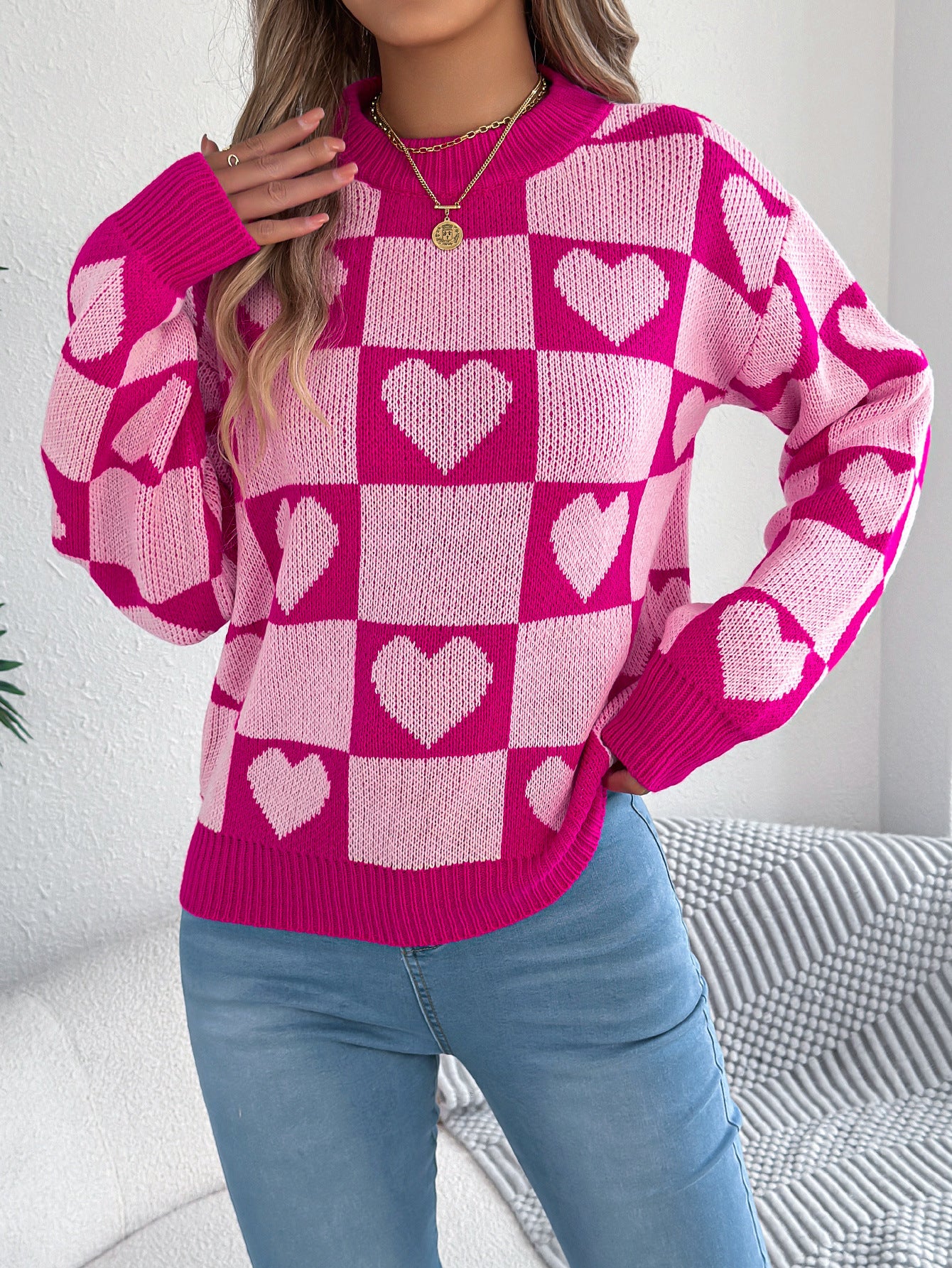 Women's Check Love Lantern Sleeve Pullover Valentine's Sweater