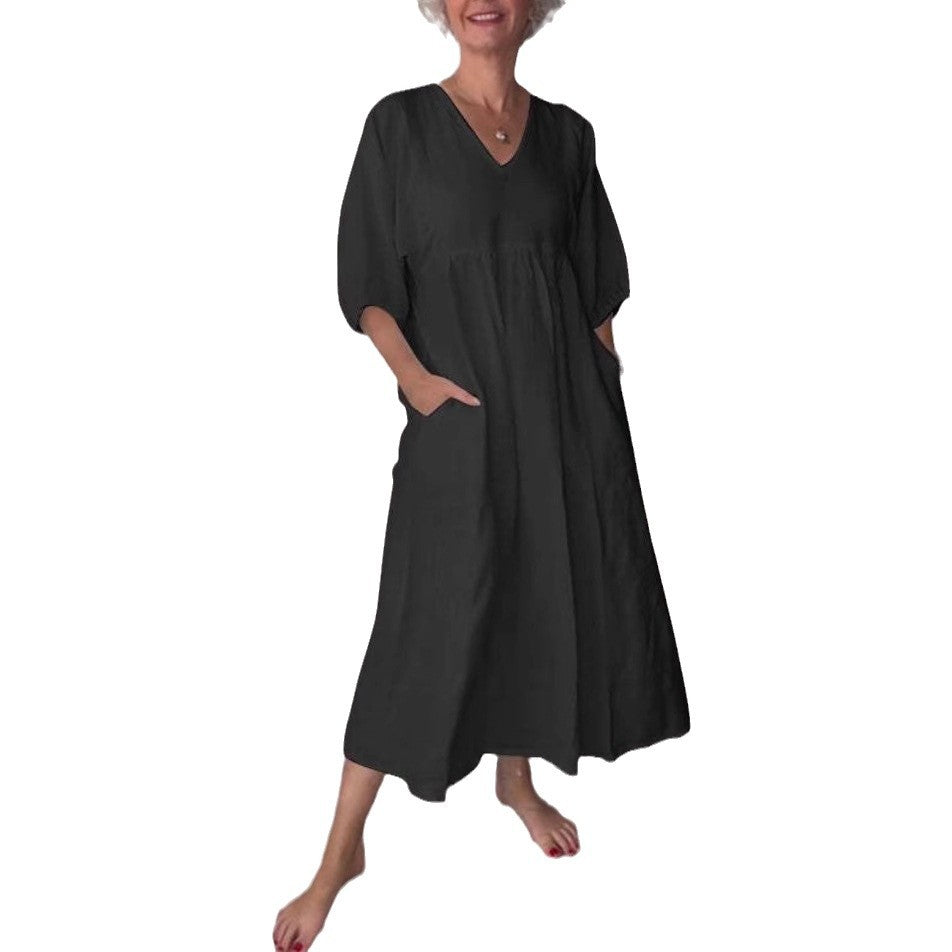 Women's Autumn Cotton Linen Deep Pleated Solid Color Casual Dress