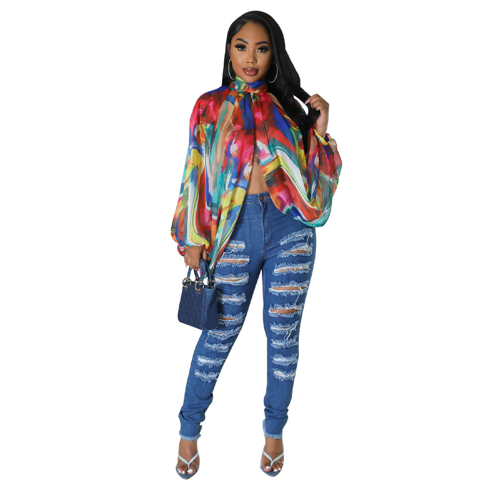 Women's Lace Printing Chiffon Shirt Batwing Sleeve Blouses