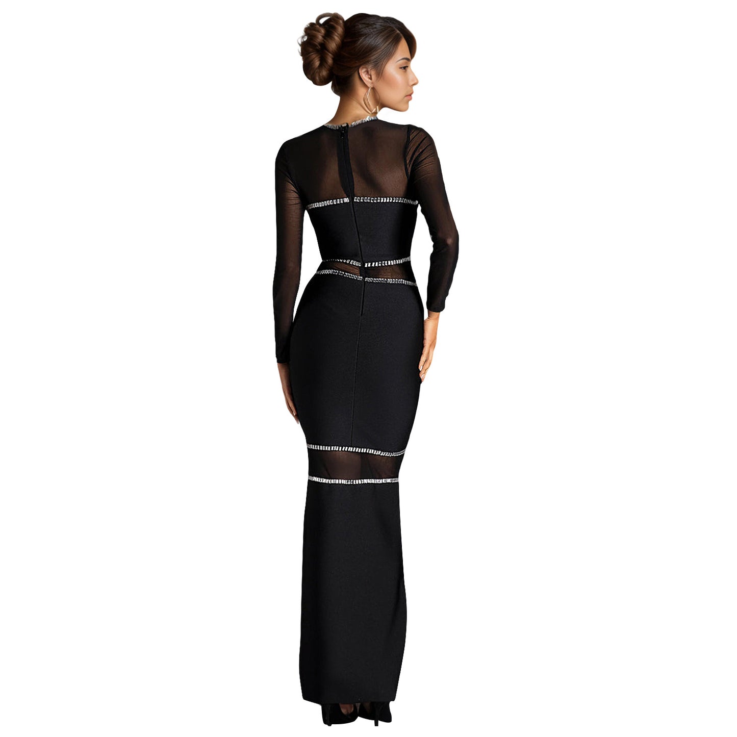 Women's Fashion Wear Rhinestone Mesh Dress Long Dresses