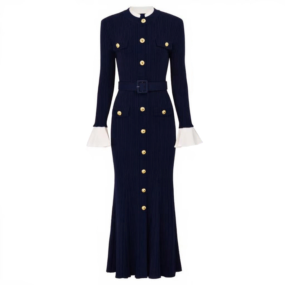Long Sleeve Round Neck Belt Knitted Slim Dresses