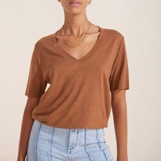 Women's Deep Design T-shirt Summer Knitted Hemp Bamboo Blouses