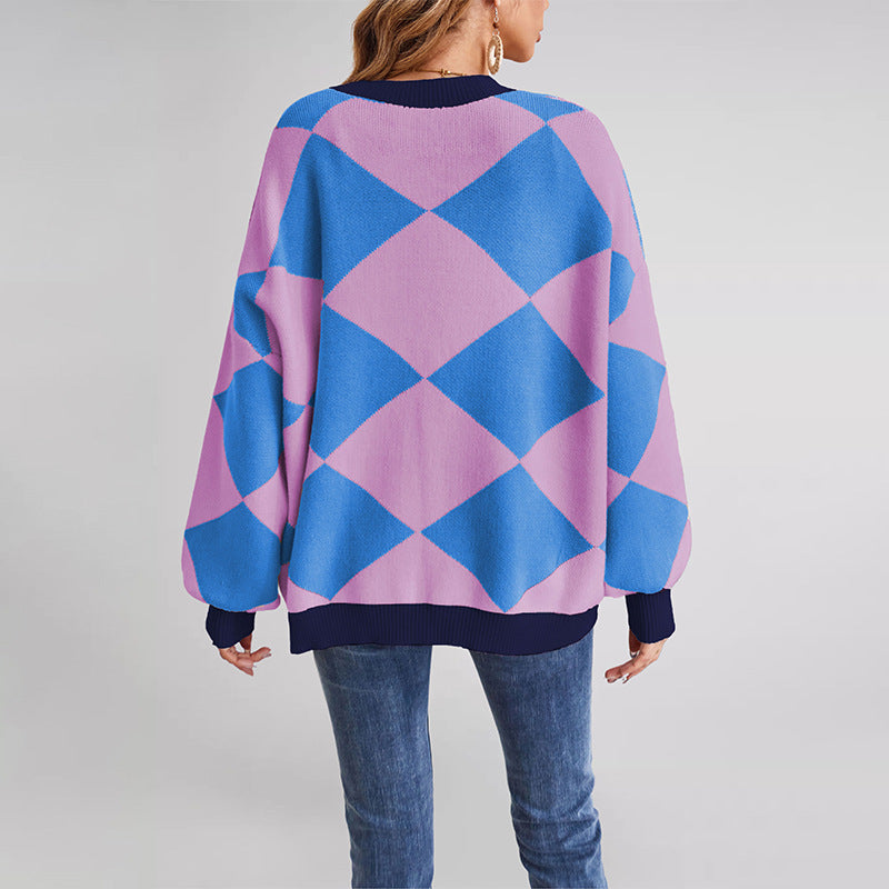 Women's Plaid Stitching Contrast Color Loose Knitted Sweaters