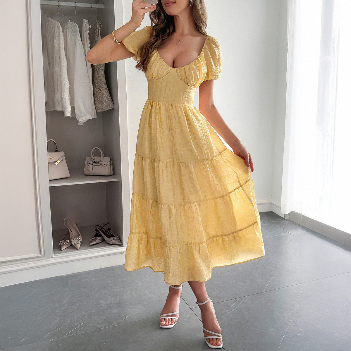 Women's Casual Vacation Style Puff Sleeve Maxi Dress