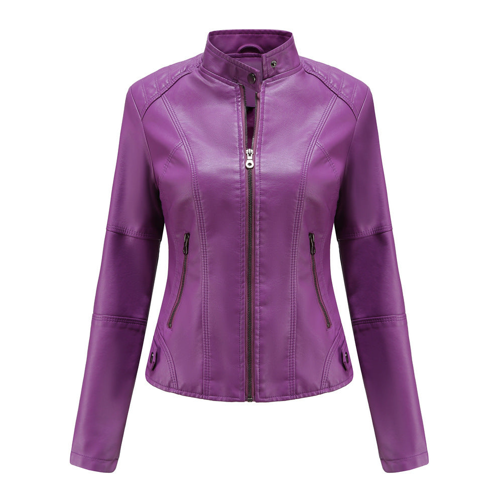 Women's Leather Slim Thin Motorcycle Stand Collar Jackets