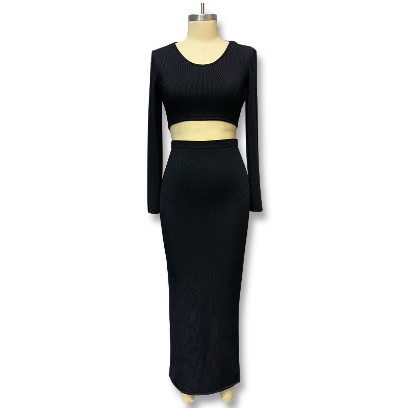 Women's Solid Color Knitted Split Long Sleeve T-shirt Skirts
