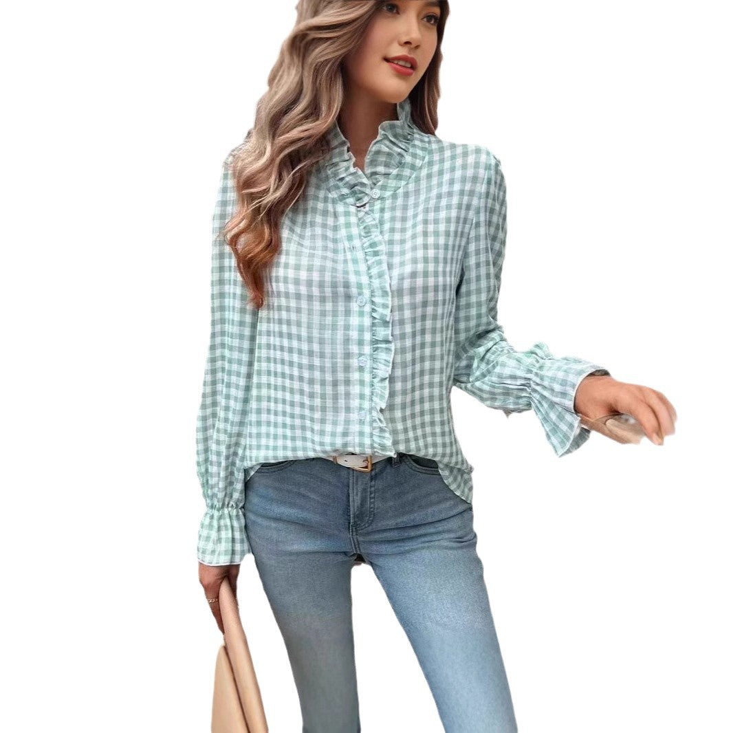 Women's Style Plaid Shirt With Wooden Ears Blouses