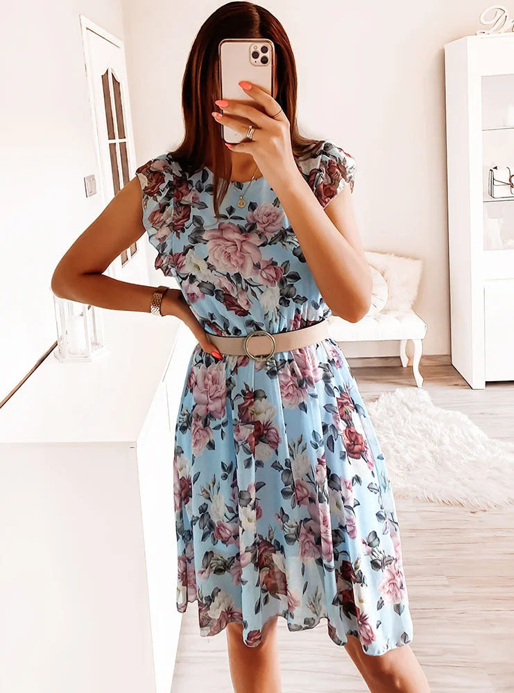 Holiday Style Ruffled Sleeves Chiffon Printed Dresses