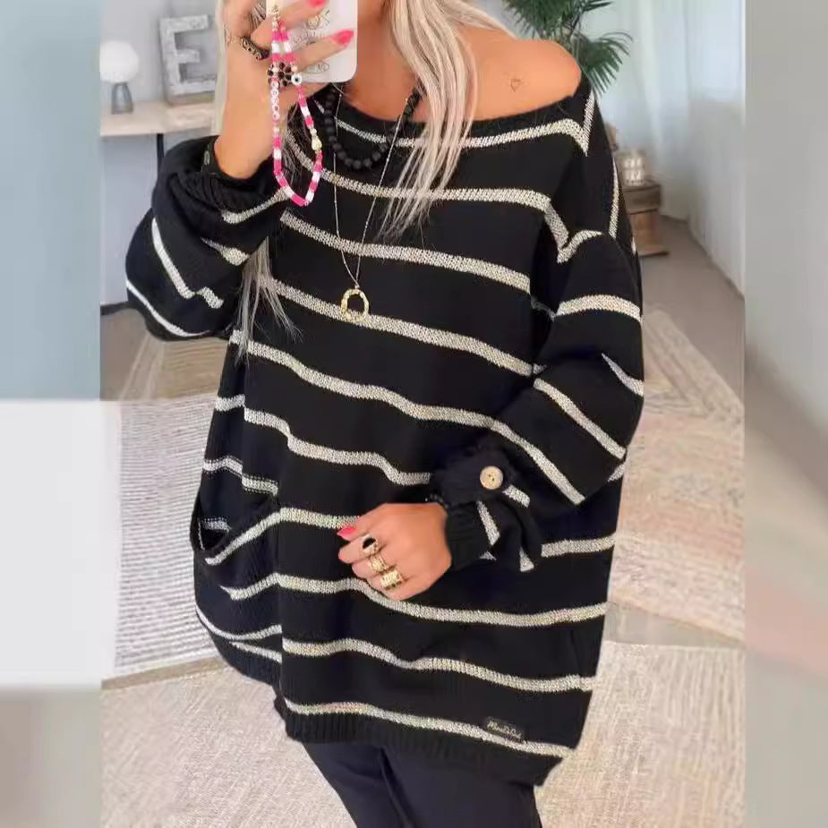 Women's Contrast Color Striped Pullover Round Neck Sweaters