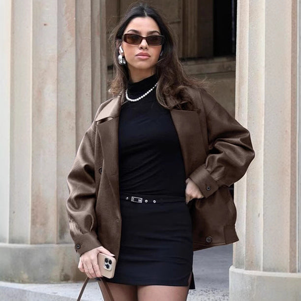 Women's Retro Elegant Collar Loose Leather Fashion Jackets