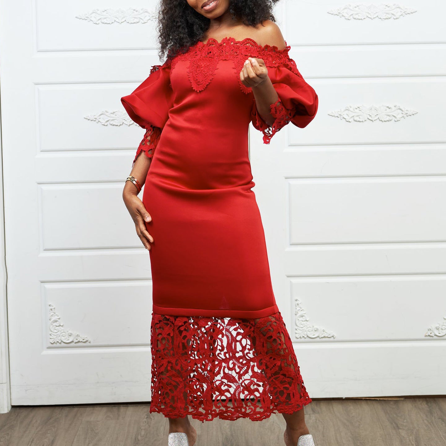 Women's Lace Stitching Banquet Lantern Sleeve Bridesmaid Dress