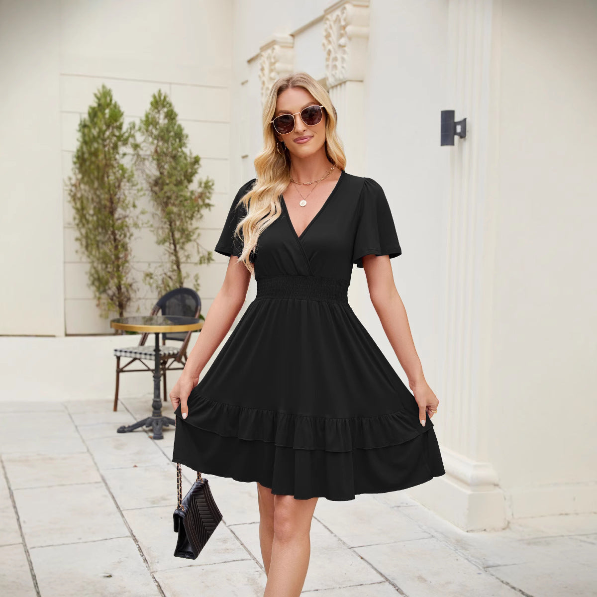 Women's Elegant Ruffled Hem Flying Sleeves Cross Dress
