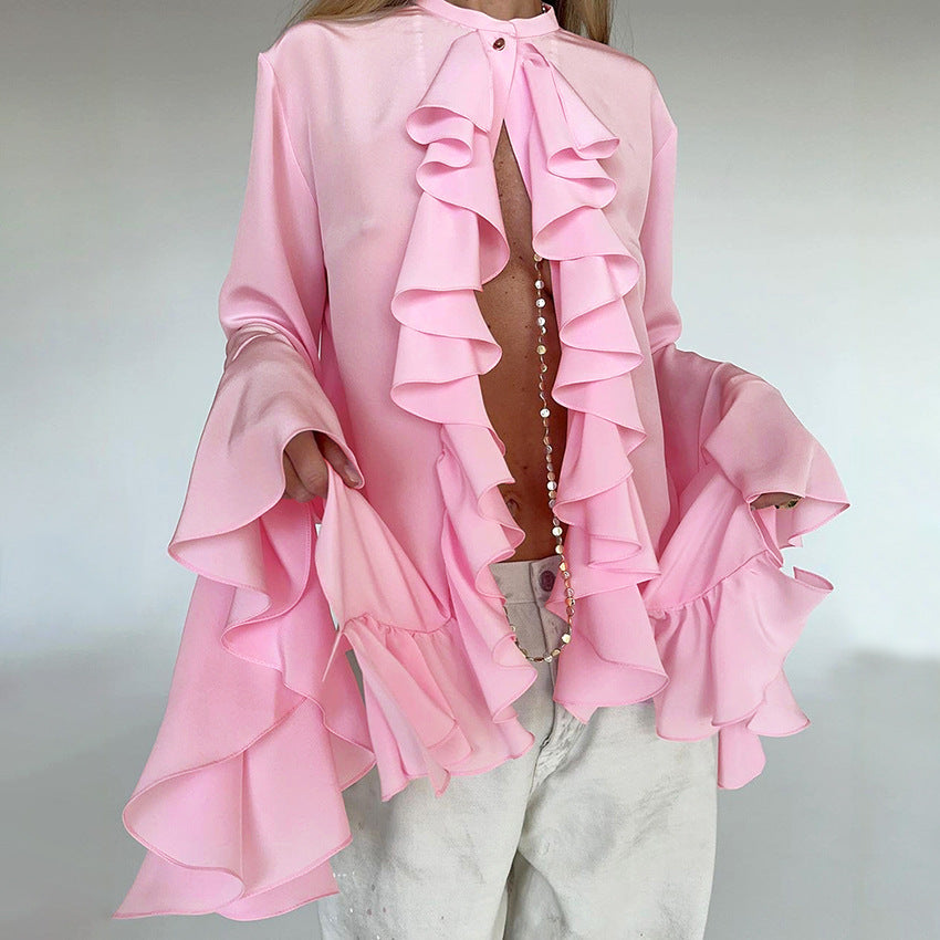 Women's White Chiffon Design Sense Flared Sleeves Blouses