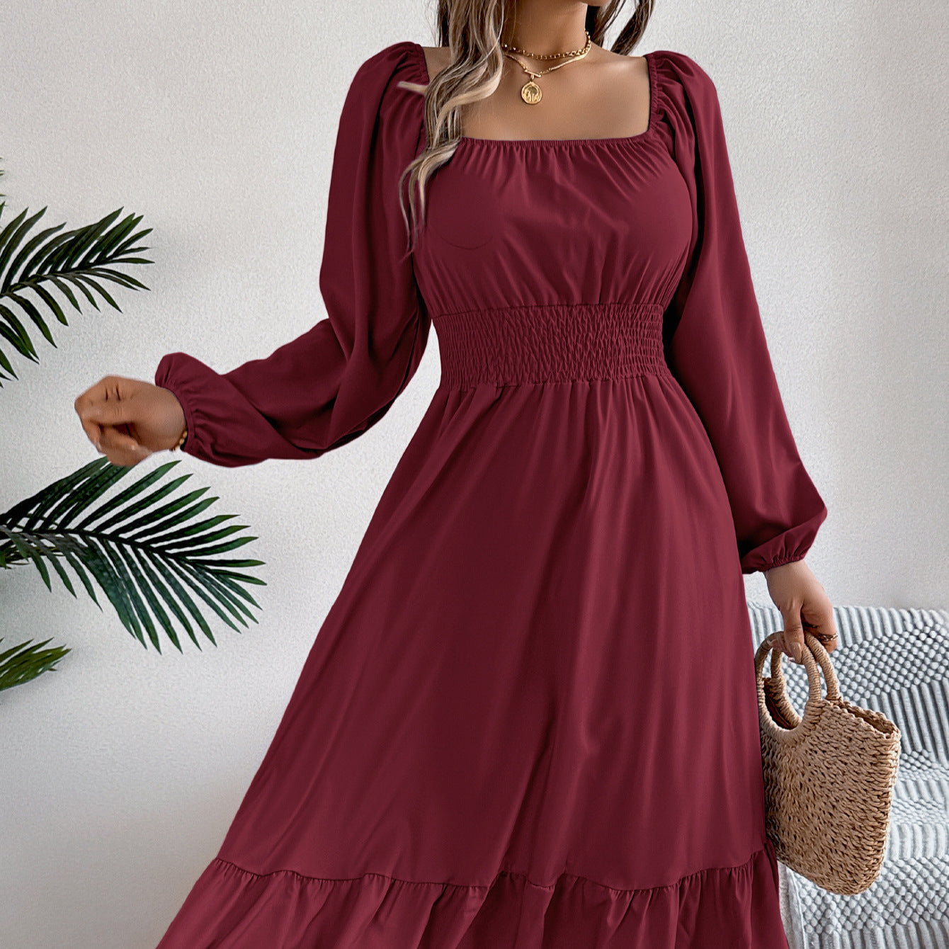 Women's Color Square Collar Long Sleeve Waist Trimming Clothing