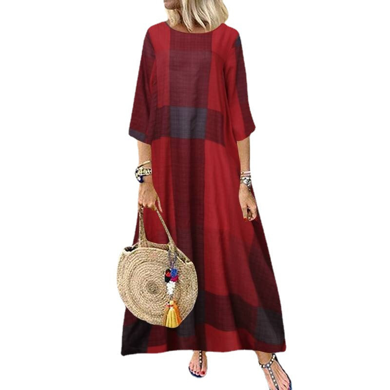 Women's Summer Retro Dress Casual Sleeve Plaid Dresses