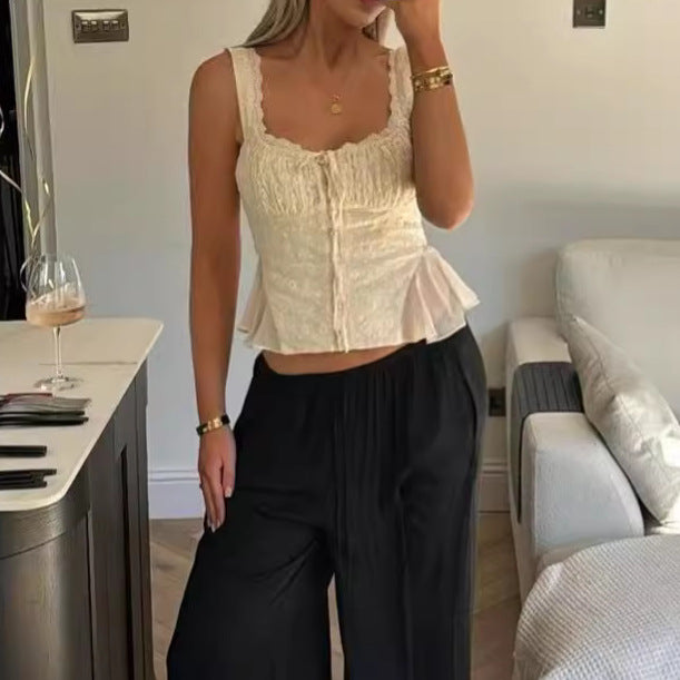 Women's Summer Temperament Square Collar Lace High Waist Slim Blouses