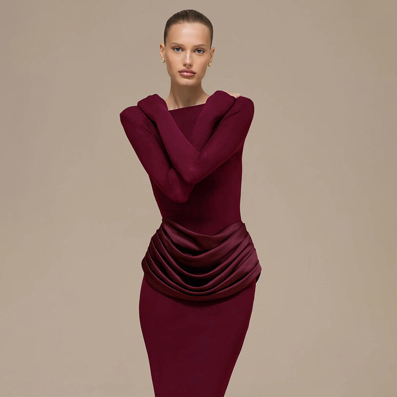 Women's Temperament Pure Color Long-sleeved Pleated Sheath Dress