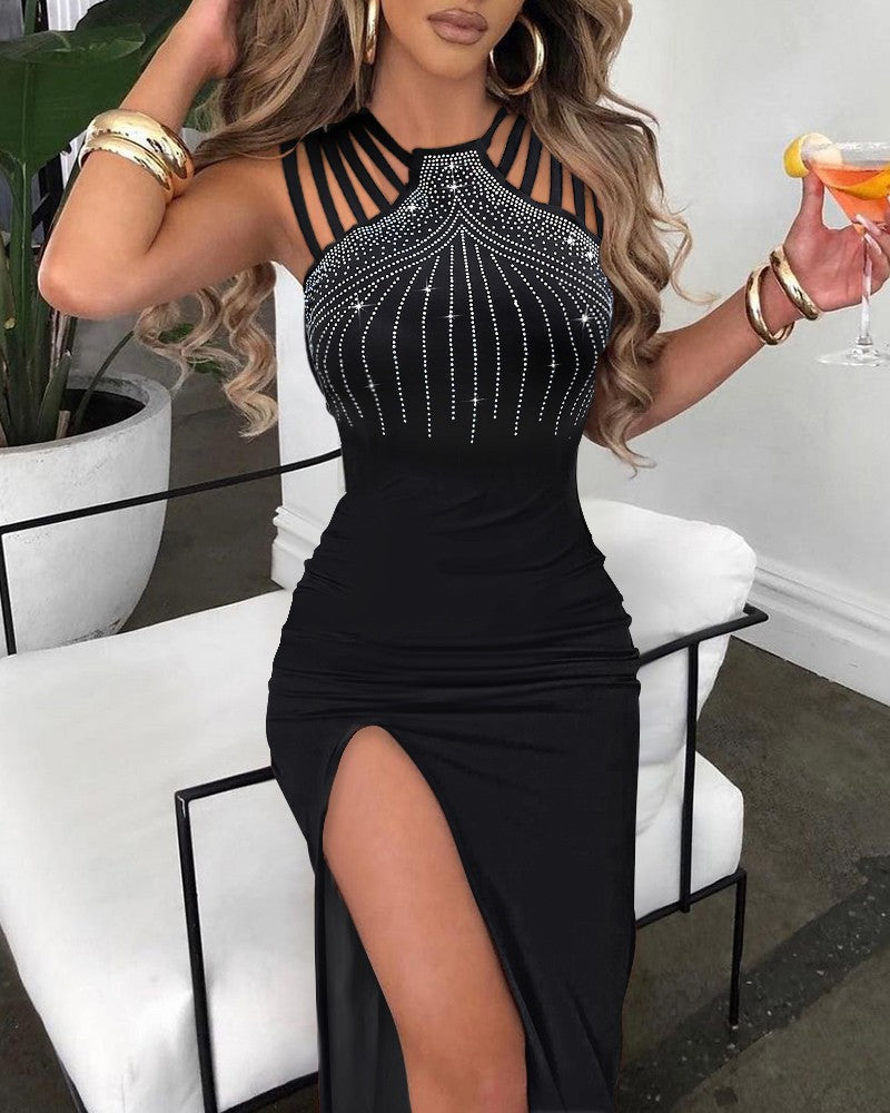 Women's Elegant Rhinestone Split Sheath Nightclub Dinner Dress
