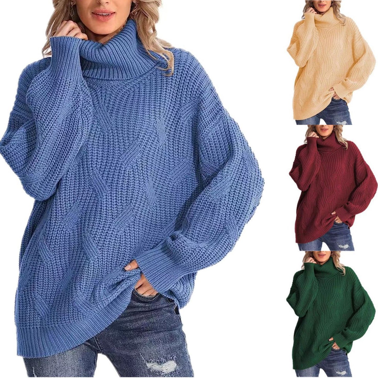 Women's Turtleneck Twisted Knitted Pullover Long Sleeve Sweaters