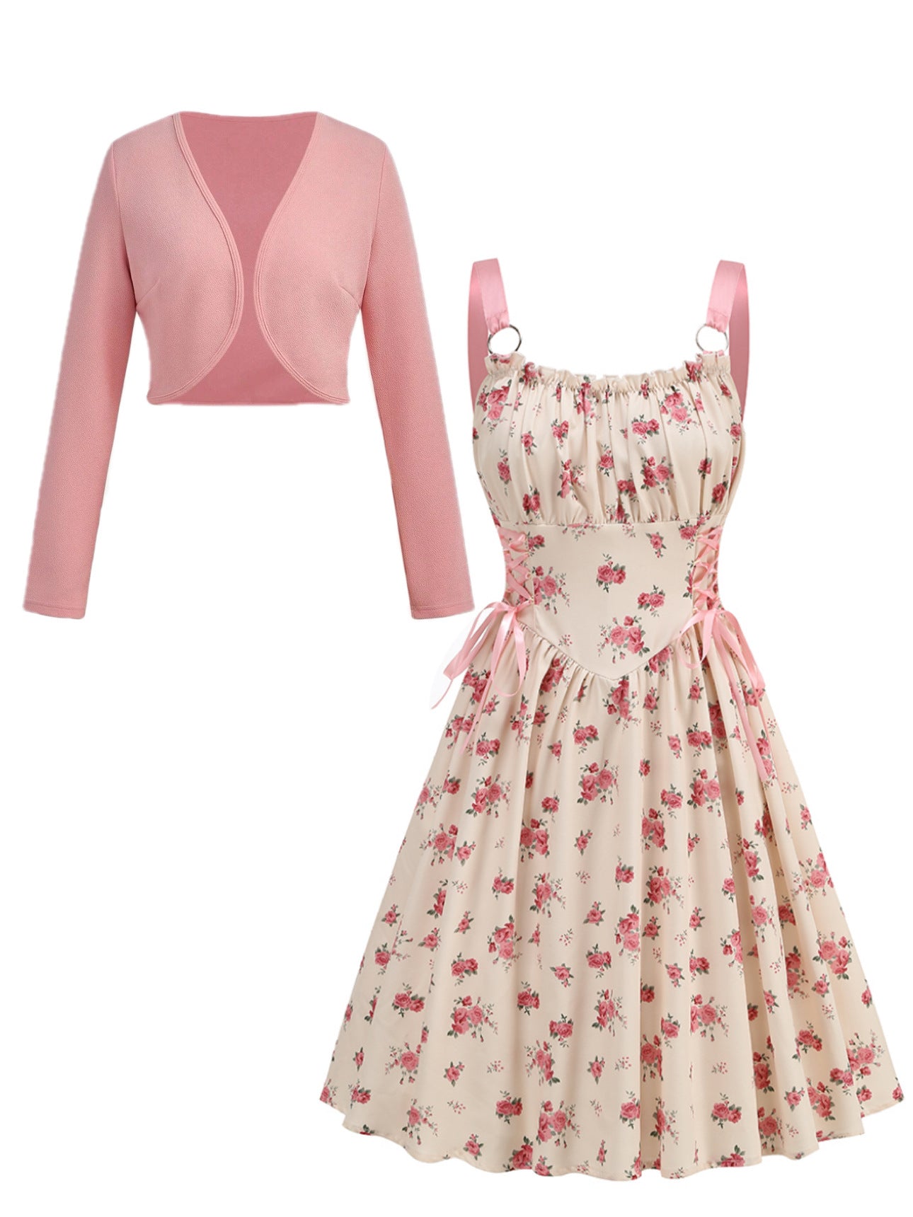 Women's Metal Ring Drawstring Elegant Printed Dress Two-piece Cardigans