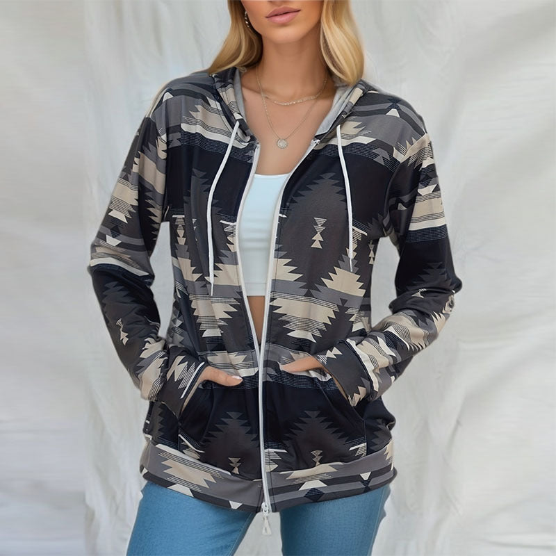 Pattern Printed Long Sleeve Loose Hooded Pocket Jackets