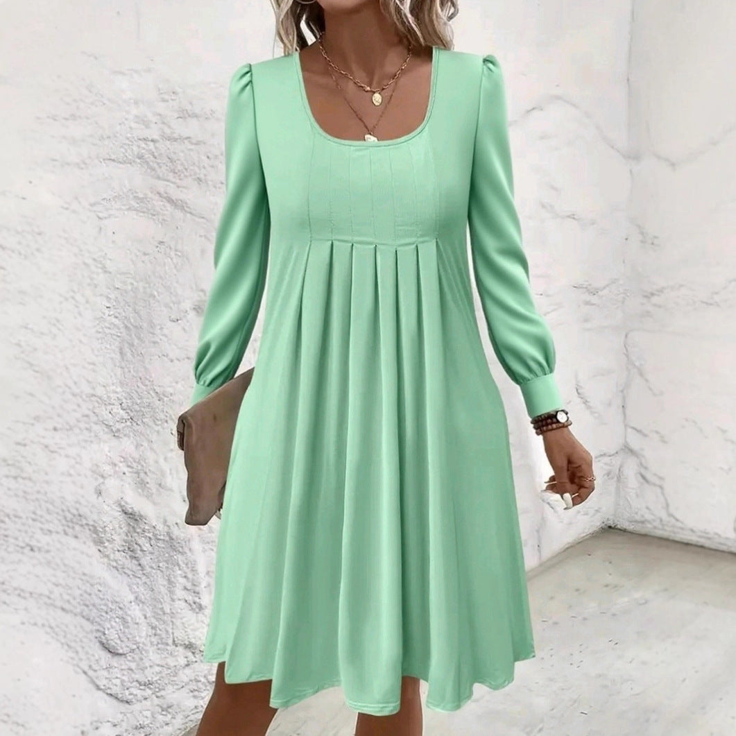 Popular Long Sleeve Fashionable Pleated Mid-length Dress
