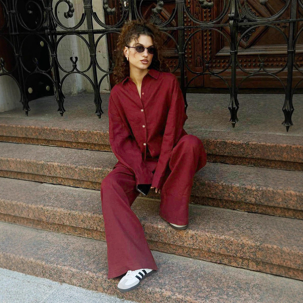 Women's Loose Long-sleeved Shirt Trousers Two-piece Fashion Casual Suit