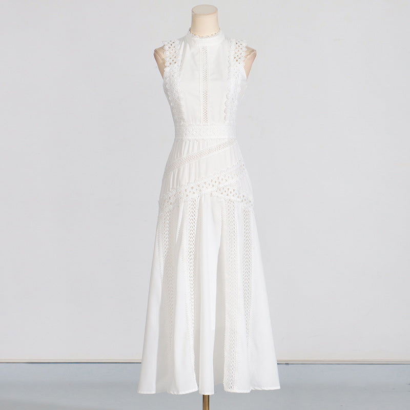 Women's Retro Style Round Neck Sleeveless Waist Lace Dresses