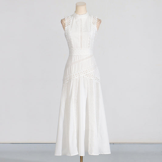 Women's Retro Style Round Neck Sleeveless Waist Lace Dresses