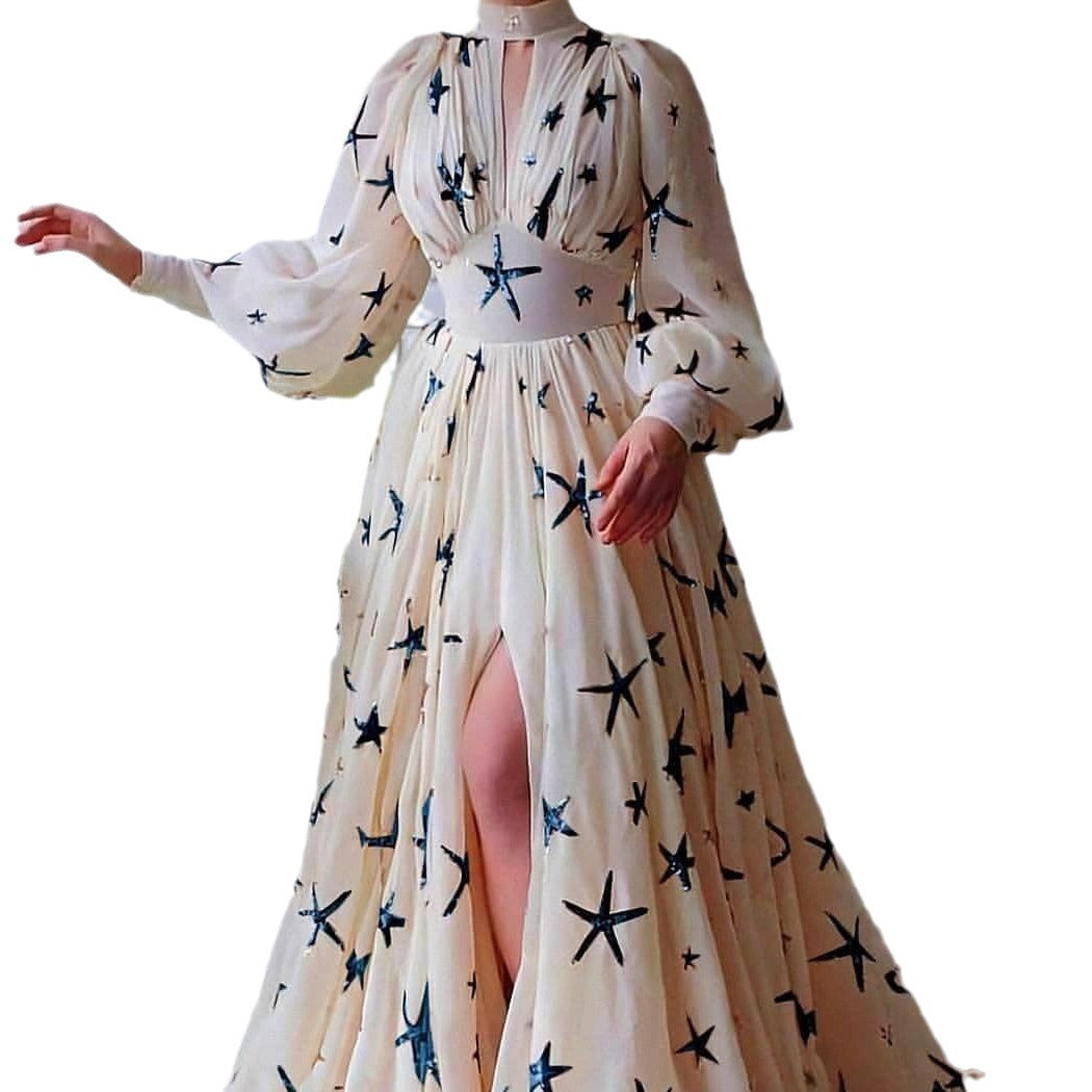 Half Turtleneck Sequined Slit Lantern Sleeve Formal Swing Dresses