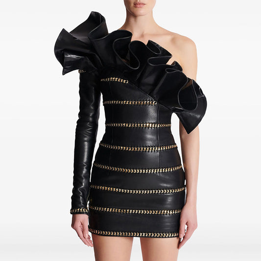 Fashion Chain Three-dimensional Lotus Leaf Single Sleeve Leather Dress