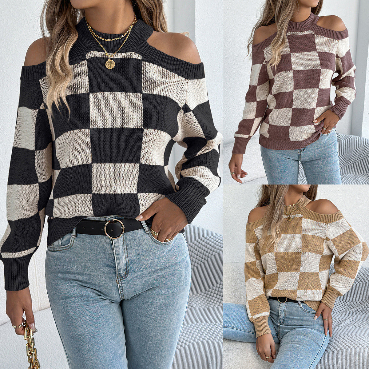 Women's Casual Contrast Color Plaid Lantern Long Sweater