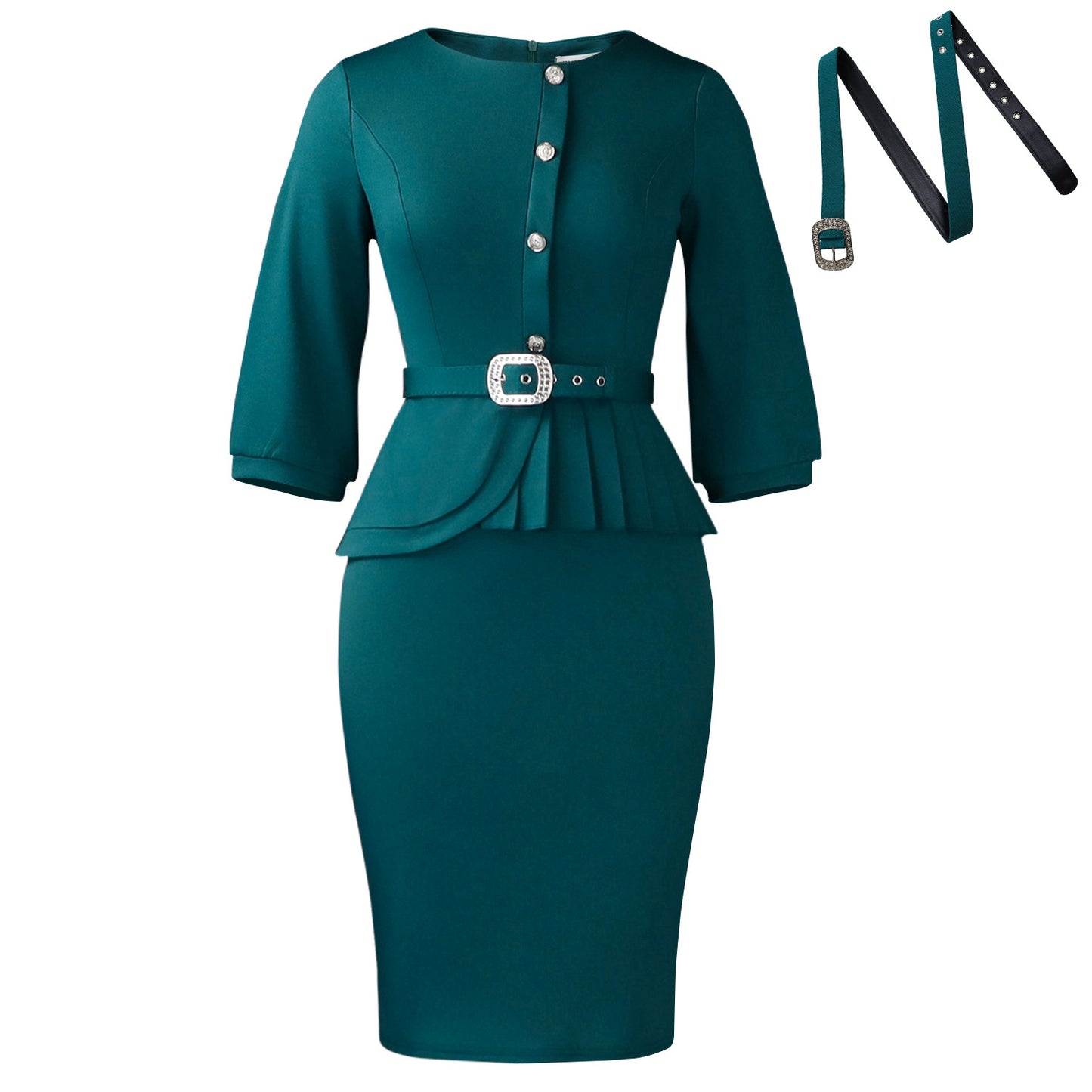 Elegant Stretch Round Neck Ruffled High Waist Temperament Sheath Solid Dress