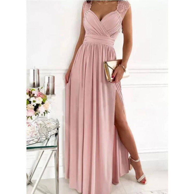 Women's Sleeveless Lace Backless Slit Hemline At Dress