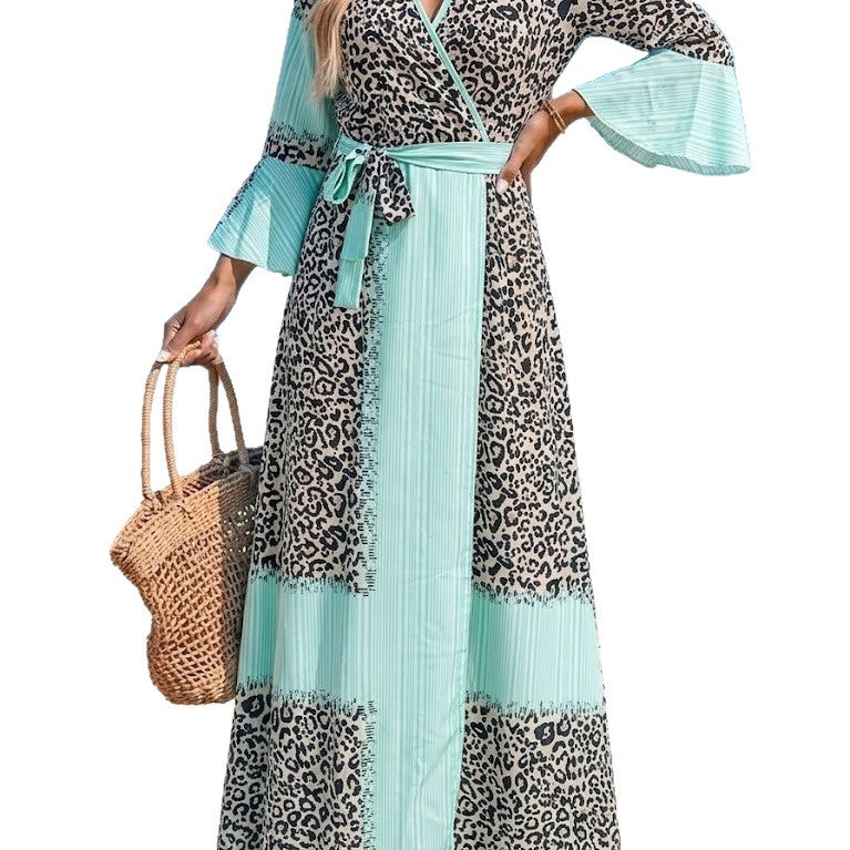 Print Striped Patchwork Wrap Bell Sleeve Temperament Dress